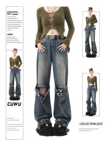 Retro American High เอว ผู้หญิง กางเกงยีนส์ Faded Washed Belt Splicing Tear ดีไซน์ ขากว้างตรง ความยาวพื้น กางเกง