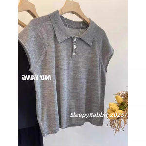 French Collar Short Sleeve Knitted T-Shirt Womens Summer Small Design Loose Top Fashionable Capsule Collection Casual Wear