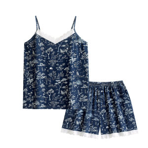 yuenei | Pure Cotton Summer Sleepwear Womens Integrated Chest Pad One-Piece Home Clothes Set With Strap Short Pants V-neck Soft Breathable