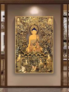 Modern Decorative Painting Yellow Wealth Deity Wall Hanging Art Tangka Picture Buddha Shakyamuni Decorative Doorway