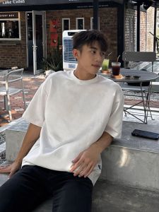 280G Heavy Weight Suede Short Sleeve Summer Mens Pu Shuai Mei Style High Street Cleanfit Fancy White T-shirt