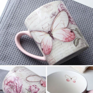 Pink Butterfly Love Flower Ceramic Mug Coffee Milk Breakfast Tea Cup Gift Cup American Style for Girls Large Capacity 401mL-500mL