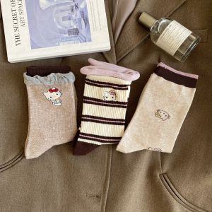 Cat Cartoon Pure Cotton Mid-Calf Socks Womens Style Autumn Winter Thickened Combed Cotton Breathable Sweat Absorbent Socks