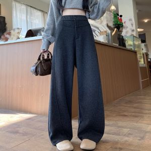 กางเกงขายาวทรงหลวมเอวสูงสำหรับผู้หญิง กางเกงขายาวทรงหลวมผ้าขนสัตว์หนา ทรงสลิมฟิต ทรงตรง สไตล์ฤดูใบไม้ร่วง/ฤดูหนาว