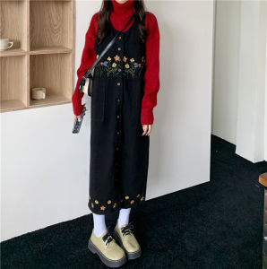 Embroidered Denim Overalls Dress Women Loose Mid-Length Korean Style High Waist Button Detail A-Line Silhouette Autumn Wear