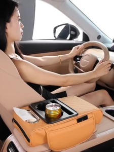 AUTOFun Multi functional 5-in-1 car armrest box pad PU leather center console height pad with cup holder tissue box armrest storage pad