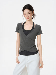 iiiamx | Gray Two-piece Illusion Halter Sleeveless Womens Summer Slim Fit Shoulder Shirt