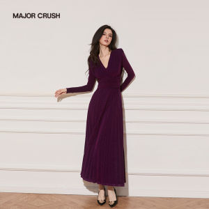 Elegant French Style Pleated V-Neck Dress Long
