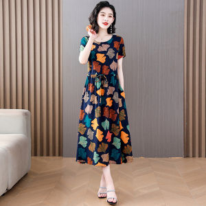 Elegant Floral Print Midi Dress Womens New Summer Belted A-Line Skirt Commute Style Short Sleeve round Neck Gown