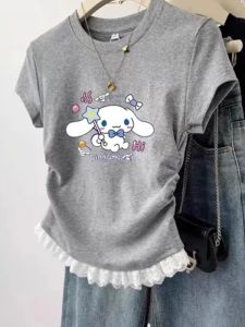 Girls Short Sleeve T-Shirt Cartoon Dog Print Lace Trim Half Sleeve Childrens Summer Cotton Top Korean Style Slim Fit Kids Clothes