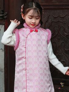 New Chinese Style Childrens Cheongsam Winter Thickened Vest Dress Girls New Year Visit Costume Jinhua Silk Material