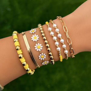 Ingemark | 7Pcs/Set Kpop Sunflower Flat Snake Chain Bracelets for Women Trendy CCB Beads Charm Bangles Couple Friends Jewelry Accessories
