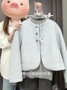 Blue Classic Style Small 2024 Winter Minimalist Elegant Drop Shoulder Short Woolen Overcoat Spring & Fall Woolen Outwear