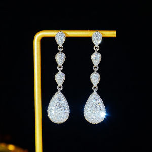 SEQUITO Charming Ladies Silver Plated Ear Decoration Pave Setting Sparkling AAAAA Cubic Zirconia Waterdrop Pendant Long Dangle Earrings for Daily Party SE1003