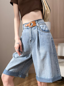 High Waist Wide Leg Short Jeans Womens Summer Thin Loose plus Size 5 Minutes Straight Tube Pants Cotton Polyester Blend