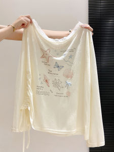 LUOSHAO | Lace Collar Thin Printed T-Shirt with Spaghetti Straps UV Protection Drawstring Slimming Long Sleeve