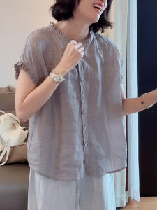 Shalldoer | Blue Fluffy Sleeveless Shirt Womens Loose Fit Round Neck Casual Style Summer New Fashion Slimming Commuting Top