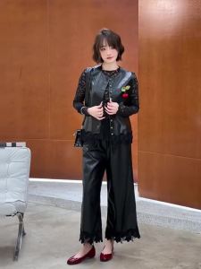 Black PU Vegan Leather Lace Cherry Brooch Vest