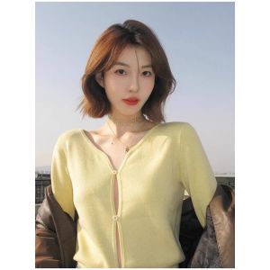 HUOLISI | Pastel Yellow V-Neck Short Knit Blouse Thin