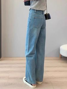 High Waist Straight Leg Fleece Lined Slim Fit Light Wash Denim Jeans Womens Autumn Winter New Style Loose Wide Leg Pants