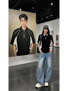 Men Heavyweight Polo Shirt Half Zip Black White