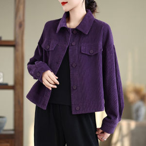 Purple Corduroy Thickened Short Coat for Women Autumn Winter Fashion Small Size Striped Open Cardigan Workwear Top
