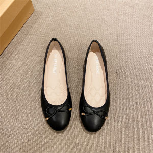 รองเท้าทํางานผู้หญิงน้ําหนักเบาสบายพร้อมหัวกลมด้านล่างนุ่มและดีไซน์โบว์ส้นแบนรองเท้าลําลองใช้ประจําวัน