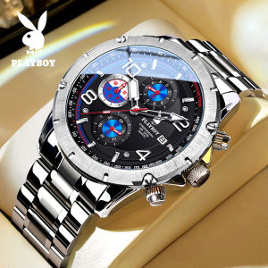 PLAYBOY นาฬิกาผู้ชาย แฟชั่น สายสแตนเลส 2025 ใหม่ ของแท้กัน น้ำ โครโนกราฟมัลติฟังก์ชั่น ลำลองส่องสว่าง  นาฬิกาควอตซ์