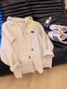 Korean Style Zipper Hoodie Knitted Sweater Womens Autumn Winter New Love Heart Embroidery Trendy Top Casual Loose Fit Long Sleeve