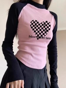 Color Block Shoulder Insert Long Sleeve Cotton T-Shirt Womens Spring Autumn Slim Fit Stylish Small Audience Design Top