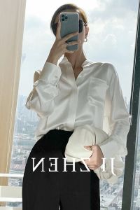 French Elegant Acetate Satin Shirt Women Early Autumn Design Sensible White Stand Collar Professional Commuting Shirt