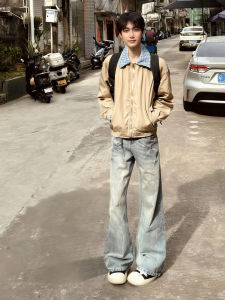 American Street Lightning Pattern Mens Jeans Vintage Washed Straight Casual Long Trousers Autumn Fashion Brand mid Waist Zipper