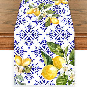 Mediterranean Lemon Blue Tile Print Table Runner Dining Table Decor Coffee Side Cabinet Dresser Holiday Home Ornament