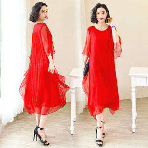Red Silk Long Dress Womens Midi Summer Vacation Beach Skirt Heavyweight Mulberry Silk Dress Korean Style round Neck A-Line Skirt