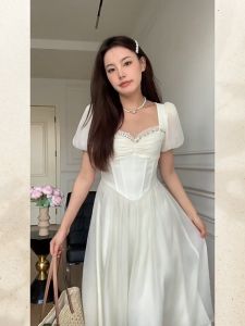 FANMU Gaun Lengan Puff Panjang Melangsingkan Pinggang Bergaya Baru