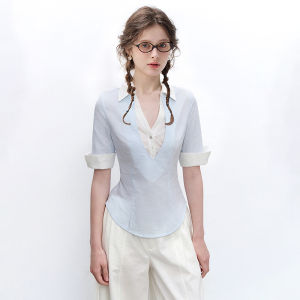 BAIDAIFEI | Áo Thun V-Neck Tay Ngắn Form Ôm Màu Xanh Faux Layered