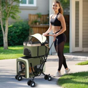 Teekland Double Pet Stroller for Dogs and Cats: Dog Stroller Foldable Travel Carriage with Detachable Carriers Safety Belts and 4 Lockable Wheels for Small to Medium Pets
