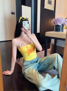 GUZILIAN | Spicy Girl Dopaamine Print Crop Top Small Strap Vest Slimming Summer New Outerwear Inner Match Sleeveless Fashionable Top