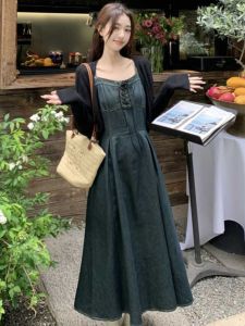 ชุดเดรสยาวผ้าเดนิมสไตล์ฝรั่งเศส ทรงเข้ารูป ทรงสลิม ทรงเรโทร แขนกุด คอวี กระโปรงทรงเอ สำหรับผู้หญิงในฤดูร้อน