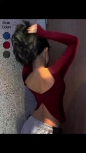 Ladies Solid Color Round Neck Long Sleeve T-Shirt Slim Fit Casual Style Daily Top Comfortable Fashionable Backless Design