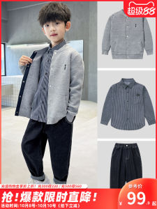 ชุดเด็กชาย ชุดสามชิ้น แฟชั่นฤดูใบไม้ผลิและฤดูใบไม้ร่วง ผ้าฝ้ายผสมโพลีเอสเตอร์ คอกลม แขนยาว กระดุม ชุดเด็กชาย