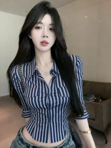 GUZILIAN | Áo Sơ Mi Ngắn Tay Phong Cách Retro Có Sọc Ôm Body Cổ Polo cho Nữ Mùa Hè Mới