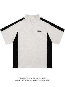 เสื้อยืดคอตตอนแขนสั้นทรงหลวมสไตล์ย้อนยุคสไตล์อเมริกันสำหรับผู้ชาย ทรงหลวม แขนสั้น คอตั้ง ลายตัวอักษร แฟชั่นฤดูร้อน