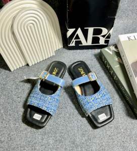 Sandal Zara Flat Bentuk Kotak Rajut Tweet Sandal Wanita Kekinian Kode SM10