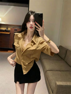 GUZILIAN | French Lace Spliced Fake Two-Piece Slimming Short Sleeve Shirt