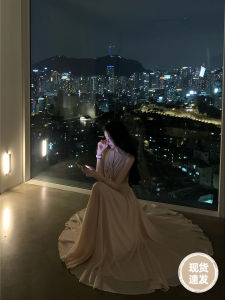 Syqiao Gentle Moonlight Summer Long Sleeve Chiffon Dress with Sash Flared Hemline Elegant High Waist A-Line Gown for Women