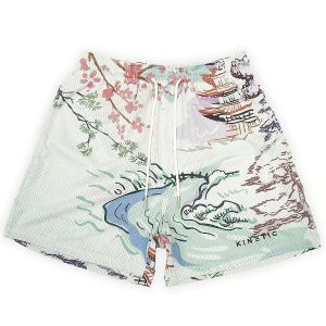 Kinetic Fashion Print Mesh Sports Shorts Mens American Retro Street Loose Casual Quick Dry Four-Quarter Pants Breathable Wear