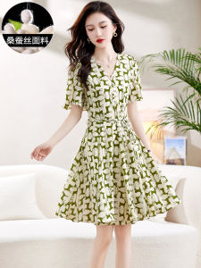 Elegant High-End Mulberry Silk Print Dress Waist-Cinching Design Korean Style V-neck A-line Midi Skirt Summer Fashion Dress
