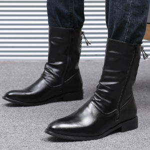 YUAAE Men Leather Boots Autumn Winter Shoes Male High Top Boots Zipper Thick Sole Non-slip Motorcycle Footwear