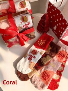 JINGCHI | Thickened Fleece Lined Mid-Calf Socks For Men And Women In Lucky Year Bright Red Coral Velvet Couple Wedding Celebration Socks